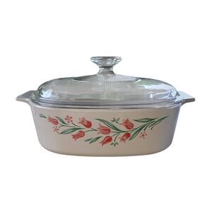 VTG Corning Ware - A-2-B - ROSEMARIE/Pink Tulip - Casserole Dish w/Lid - 2 Liter